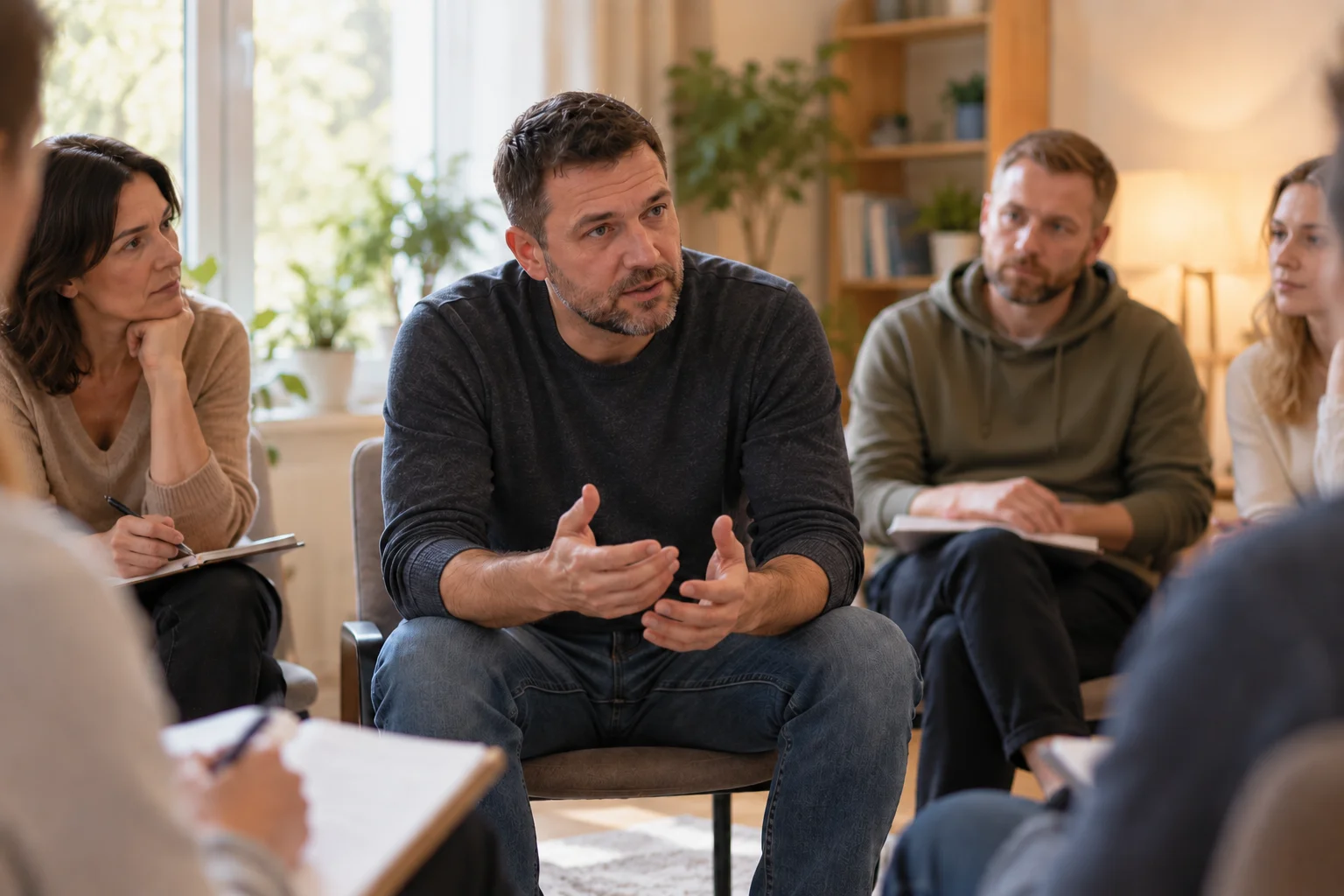 Мужчина рассказывает про зависимость на групповых занятиях